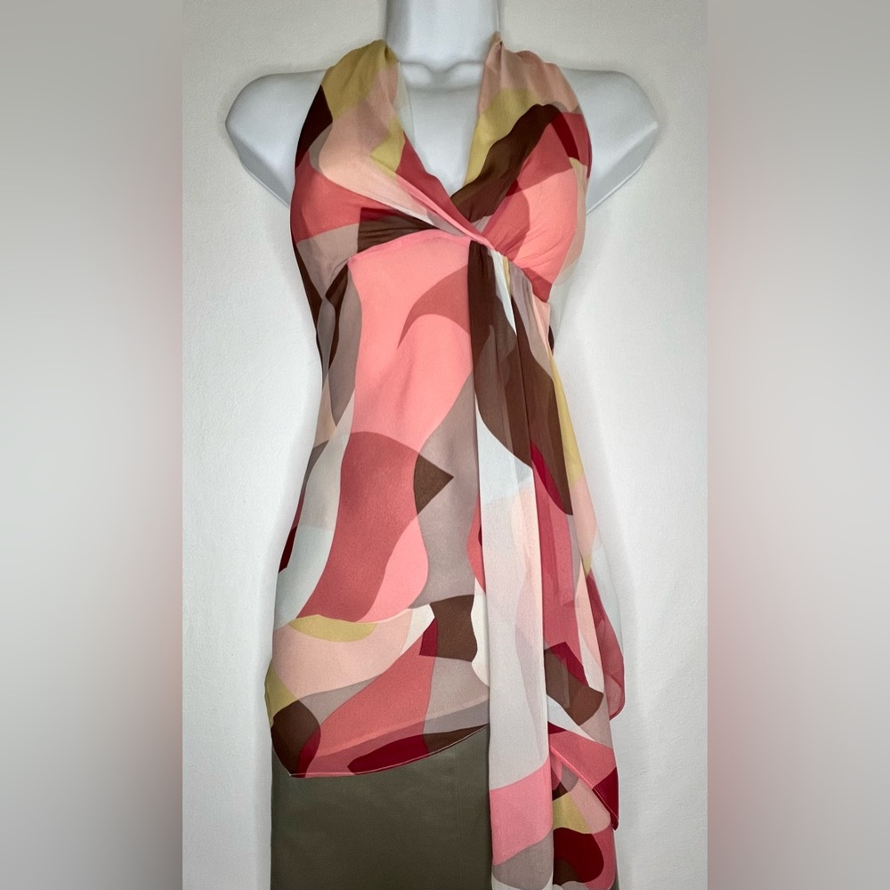 BCBGMaxAzria Women’s Pink & Brown Abstract Print Silk Scarf-Halter Blouse M
